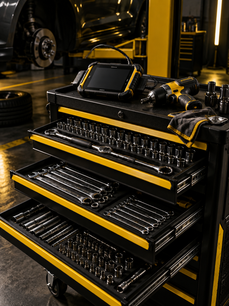 Open tool chest with sockets, wrenches, impact gun and diagnostic scanner