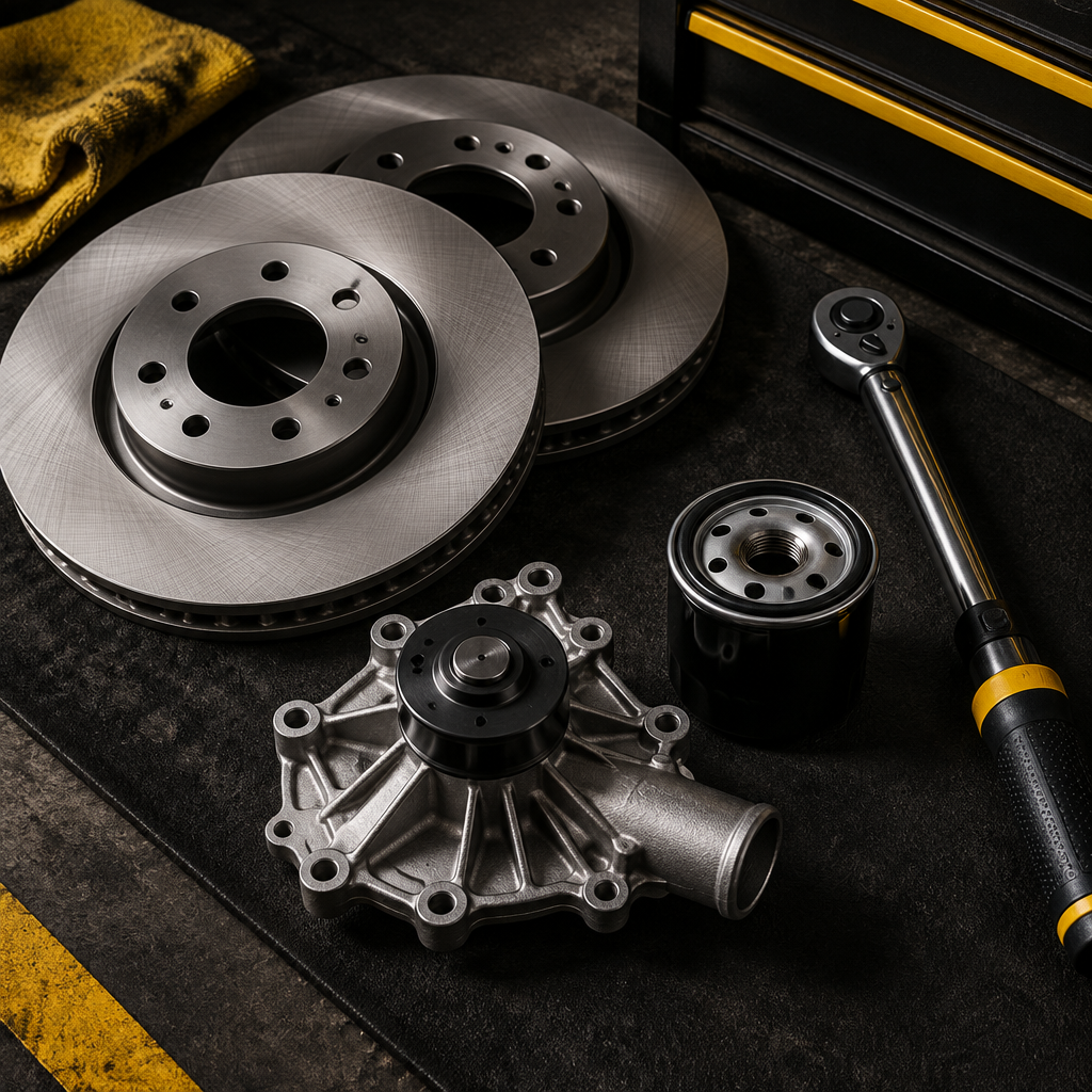 Brake rotors, water pump, oil filter and torque wrench on a shop mat