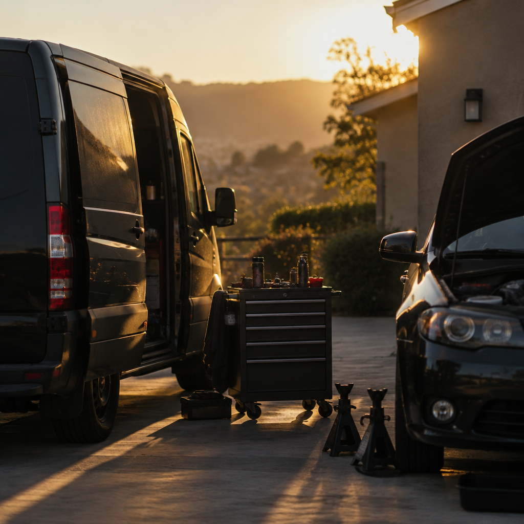 Service van and open tool chest at a driveway job